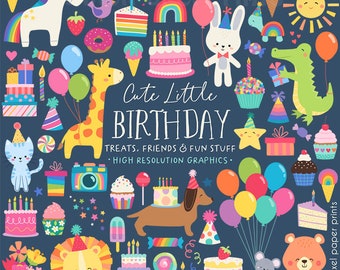 May include: A collection of colorful birthday party graphics featuring animals, cakes, balloons, and other festive elements. The text "Cute Little Birthday" is displayed in the center of the image.