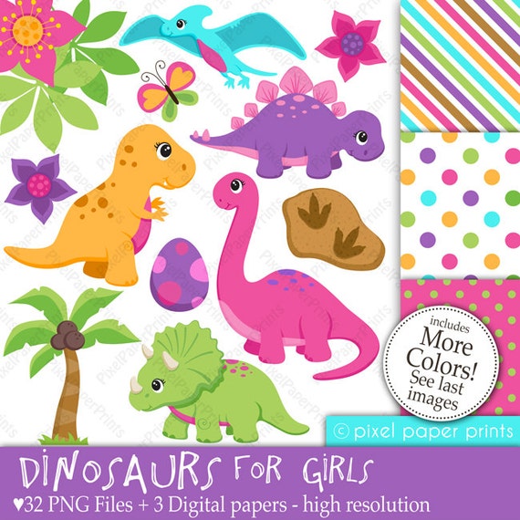 Dinosaur clipart - DINOSAURS FOR GIRLS - Clip Art and Digital Paper Set - Girly Dinosaurs - Digital Download Il_570xn