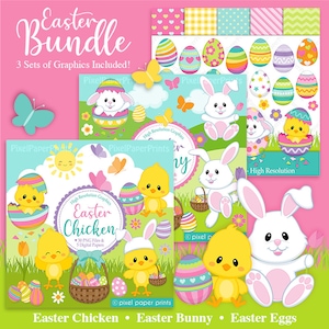 Easter Clipart Bundle - Easter Bunny and Easter Chicken Graphics - Digital Download - Printable Graphics - Digital Illustration - PNG files