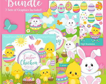 Easter Clipart Bundle - Easter Bunny and Easter Chicken Graphics - Digital Download - Printable Graphics - Digital Illustration - PNG files