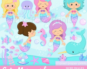 Cute Mermaid Clipart PNG Bundle – 96 Sea Life Illustrations + 7 Digital Papers – Ocean Theme Graphics for Kids Crafts and Commercial Use
