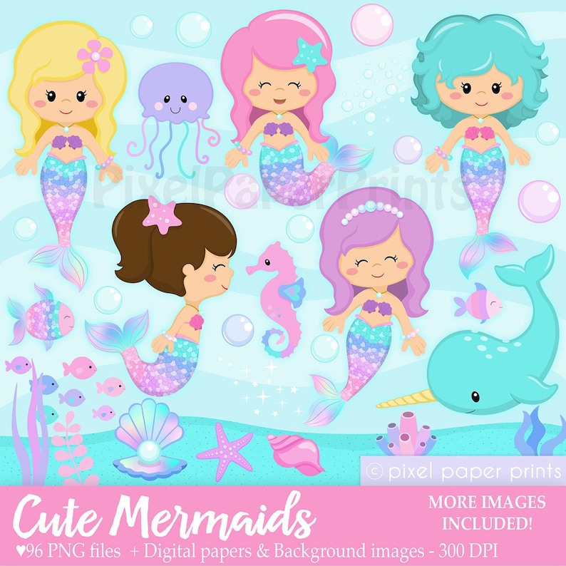 Cute Mermaid Clipart PNG Bundle – 96 Sea Life Illustrations + 7 Digital Papers – Ocean Theme Graphics for Kids Crafts and Commercial Use image 1