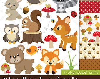 Woodland Animals Clip Art - PNG Forest Animals Graphics - Digital - Instant Download - Deer, squirrel, rabbit, owl, bear, raccoon and more