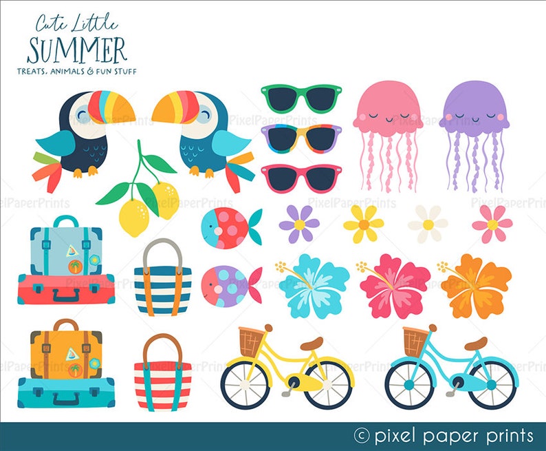 May include: A set of colorful summer-themed illustrations, including toucans, sunglasses, jellyfish, flowers, suitcases, beach bags, bicycles, and lemons. The text "Cute Little Summer Treats, Animals & Fun Stuff" is at the top of the image.