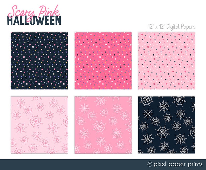 Puede incluir: Seis dise&ntilde;os de papel digital en rosa y negro con un tema de Halloween espeluznante. Los dise&ntilde;os incluyen un fondo rosa con estrellas negras, un fondo negro con estrellas rosas, amarillas y azules, un fondo rosa con telara&ntilde;as blancas y un fondo negro con telara&ntilde;as blancas. El texto "Scary Pink HALLOWEEN" est&aacute; en la parte superior de la imagen. El texto "12" x "12" Digital Papers" est&aacute; en la parte superior derecha de la imagen. El texto "&copy; pixel paper prints" est&aacute; en la parte inferior derecha de la imagen.