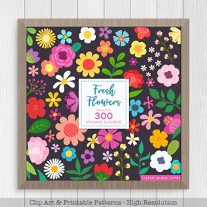 Colorful Flower Clip Art Bundle | High-Quality PNG Graphics and Printable Patterns | Instant Download for Crafts & Designs