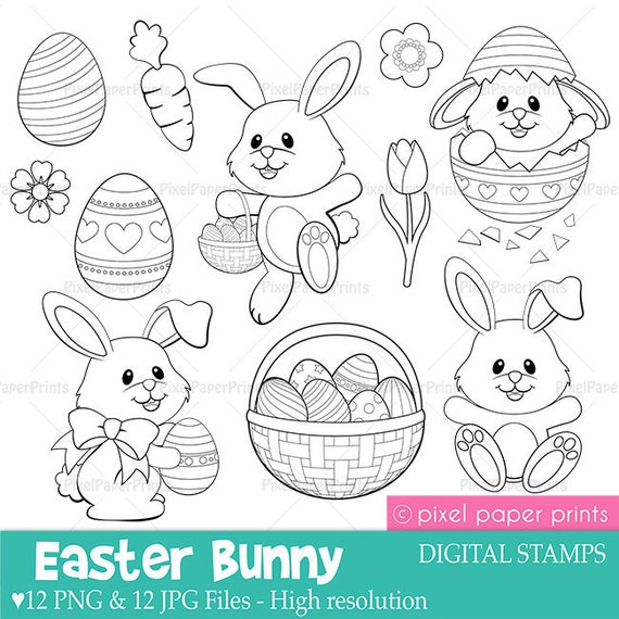 Easter Bunny Digital Stamps - Clip art - Line art Il_570xn