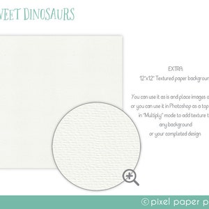 May include: A close-up of a white textured paper background. The paper is 12 inches by 12 inches. The text "EXTRA: 12"x12" Textured paper background" is visible in the image. The text "You can use it as is and place images on top or you can use it in Photoshop as a top layer in 'Multiply' mode to add texture to any background or your completed design" is also visible in the image.