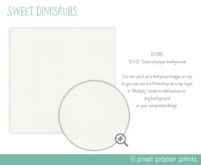 May include: A close-up of a white textured paper background. The paper is 12 inches by 12 inches. The text "EXTRA: 12"x12" Textured paper background" is visible in the image. The text "You can use it as is and place images on top or you can use it in Photoshop as a top layer in 'Multiply' mode to add texture to any background or your completed design" is also visible in the image.