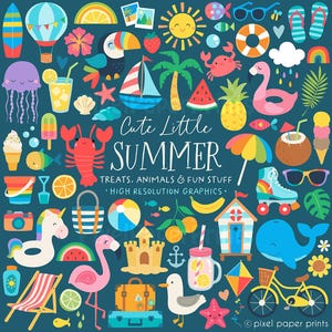 Cute Little Summer Clip Art Bundle | Over 200 High-Quality PNG Graphics | Beach, Animals, Pool Party & Summer Food Designs
