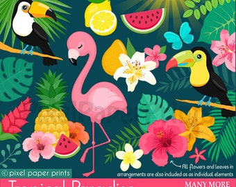 Tropical PNG - Summer Clip Art - Flamingo, Toucan, Tropical Leaves, Palm, Hibiscus, Hawaii- Digital Graphics for Sublimation and Crafts