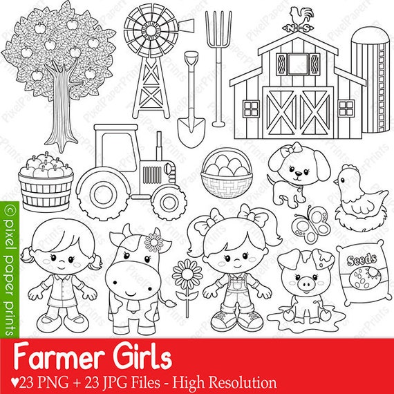 Farmer Girls Digital Stamps - Clipart - Graphics for Coloring - Digital Download - Printable - Farmer Kids Il_570xn