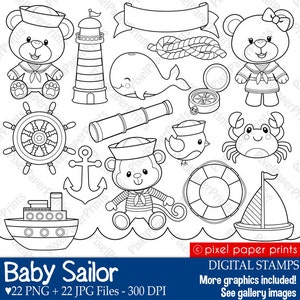 Baby Sailor Stamps - Nautical clipart - Line art graphics to create coloring pages, worksheets, crafts & more - PNG and JPG - Printable