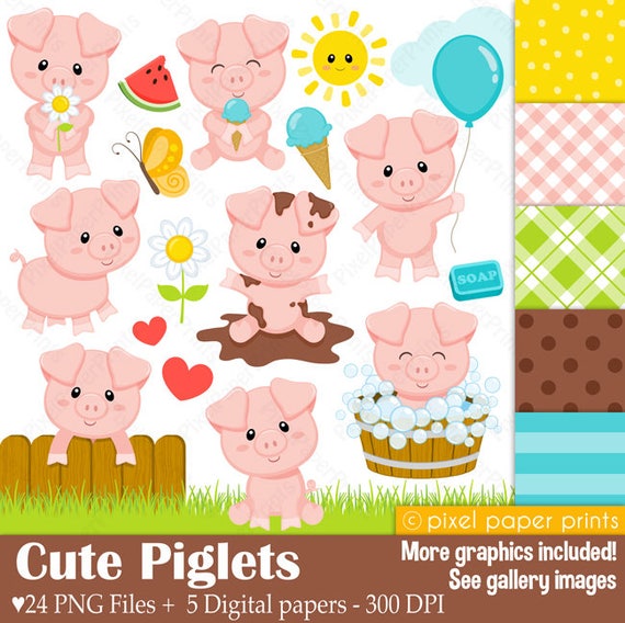 Cute Piglets - Pig clipart - Clip Art and Digital paper set - Digital Download - Digital stickers Il_570xn