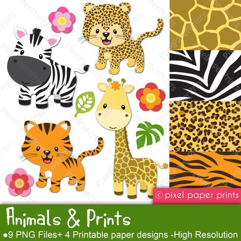 Animals and Prints - Clipart and Digital paper set - Leopard, Tiger, Giraffe, Zebra - Digital Download 