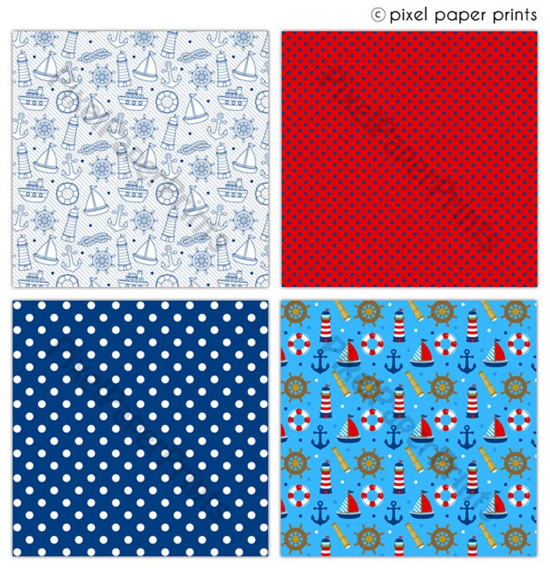 May include: Four digital paper designs featuring nautical themes. The first design is white with blue nautical illustrations. The second design is red with white polka dots. The third design is blue with white polka dots. The fourth design is light blue with anchors, lighthouses, ships, and steering wheels.