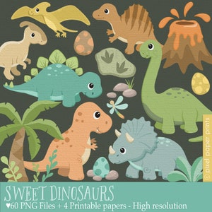 May include: A set of 60 digital illustrations featuring cute cartoon dinosaurs in various colors, including green, blue, orange, and brown. The illustrations include a variety of dinosaurs, such as a stegosaurus, a brachiosaurus, a triceratops, and a pterodactyl. The illustrations also include a volcano, palm trees, and dinosaur eggs. The text "SWEET DINOSAURS" is included in the image.
