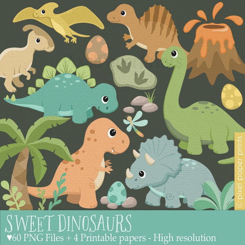 May include: A set of 60 digital illustrations featuring cute cartoon dinosaurs in various colors, including green, blue, orange, and brown. The illustrations include a variety of dinosaurs, such as a stegosaurus, a brachiosaurus, a triceratops, and a pterodactyl. The illustrations also include a volcano, palm trees, and dinosaur eggs. The text "SWEET DINOSAURS" is included in the image.