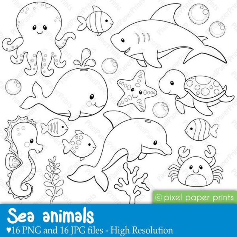 Sea Animals Stamps Digital Stamps Clipart image 1