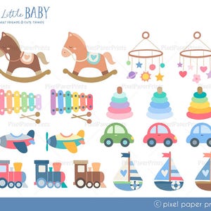 Puede incluir: Un conjunto de juguetes para beb&eacute;s coloridos, que incluyen un caballo de balanc&iacute;n, un xil&oacute;fono, anillos apilables, un m&oacute;vil, coches de juguete, trenes y veleros. Todos los juguetes est&aacute;n ilustrados en un estilo de dibujos animados.