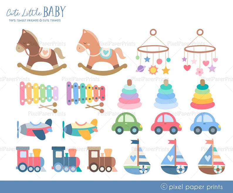 Puede incluir: Un conjunto de juguetes para beb&eacute;s coloridos, que incluyen un caballo de balanc&iacute;n, un xil&oacute;fono, anillos apilables, un m&oacute;vil, coches de juguete, trenes y veleros. Todos los juguetes est&aacute;n ilustrados en un estilo de dibujos animados.