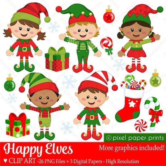 Christmas clipart - Happy Elves - Clip art and Digital paper set Il_570xn