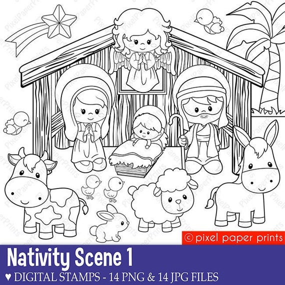 Nativity scene 1 - Digital stamps - Christmas clipart - Line art Il_570xn