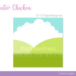 May include: A digital background for crafting projects featuring a green grassy field with a single white cloud in a blue sky. The text "PixelPaperPrints" is visible in the image. The background is 12 inches by 12 inches.
