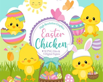 Easter Clipart - Cute Easter Chicken Graphics - Digital paper and clip art set - Digital Download - PNG format