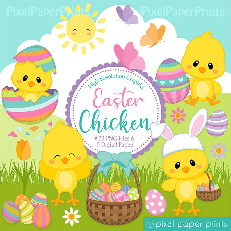 May include: A set of 30 digital graphics featuring Easter chicks, eggs, butterflies, and a basket of colorful eggs. The graphics are perfect for creating Easter crafts, cards, and invitations.