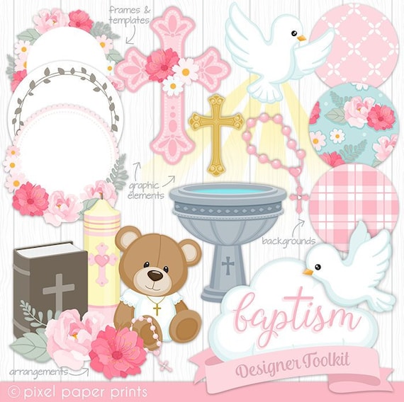 Baptism clip art - Toolkit for designers - Christening clipart - Baby girl - Over 80 elements included - Digital Download Il_570xn