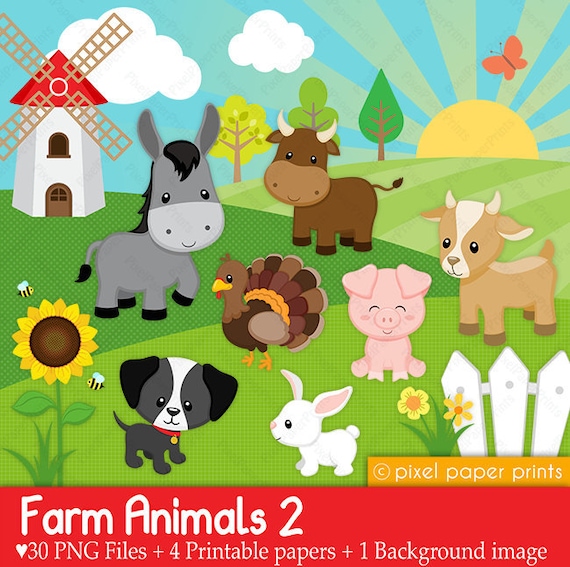 Farm Animals 2 - Clipart - Digital paper and clip art set - Digital Download - Farm party - Farm nursery - Farm clipart Il_570xn