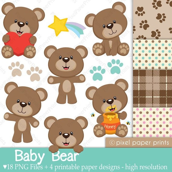 Baby Bear - Clip Art and Digital Paper Set - Baby shower - Nursery Wall Art - First Birthday - Digital download - Digital stickers Il_570xn