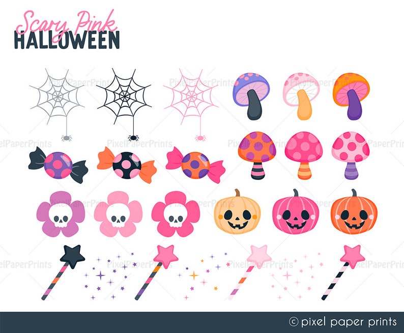 Puede incluir: Un conjunto de clipart digital de tem&aacute;tica de Halloween con caramelos rosas, naranjas y negros, calabazas, setas, telara&ntilde;as y varitas m&aacute;gicas. El texto "Scary Pink HALLOWEEN" est&aacute; en la parte superior de la imagen.