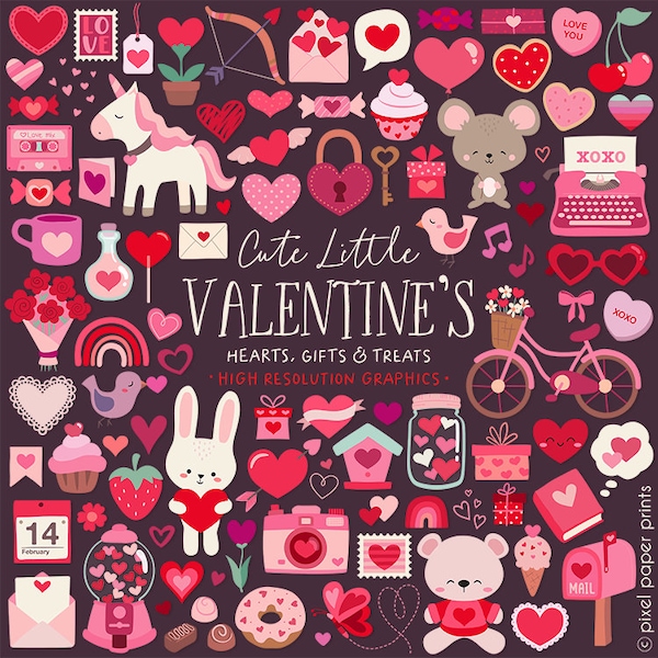 Imágenes prediseñadas del Día de San Valentín - Lindos regalos y golosinas de corazones de San Valentín - Imágenes digitales - Más de 200 gráficos - Imágenes prediseñadas - Descarga instantánea