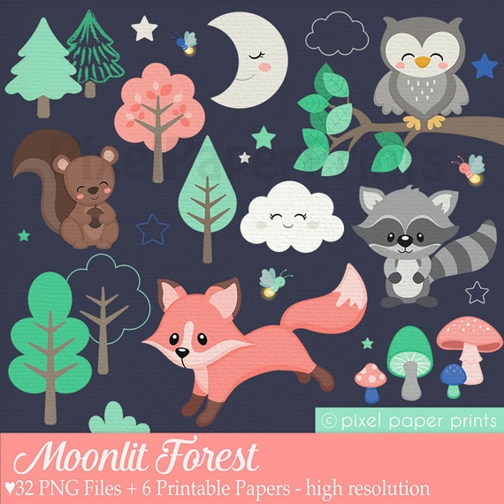 Moonlit forest - Woodland Animals Clip art - Cute animals - clipart - Forest Clip Art - Digital Stickers - Owl - Fox - Squirrel - Raccoon Il_570xn