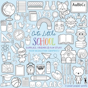 School Supplies Digital Stamps - Cute Little School - Clip art - Line Art - Coloring pages - Worksheet Creator - School clipart - PNG & JPG