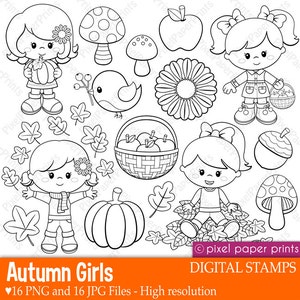 Autumn Girls - Digital stamps - Clipart - Fall - Line art