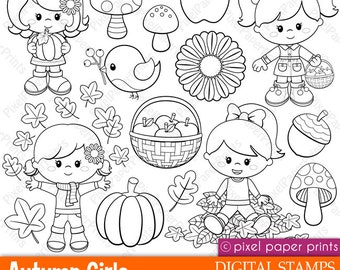 Autumn Girls - Digital stamps - Clipart - Fall - Line art