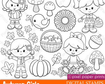 Autumn Girls - Digital stamps - Clipart - Fall - Line art