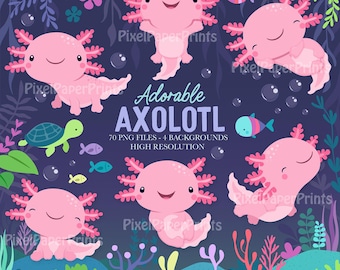 Axolotl Clip Art - Cute Axolotl - Clip Art and Digital Paper Set - Cute Salamander - Digital Download - Sublimation PNG