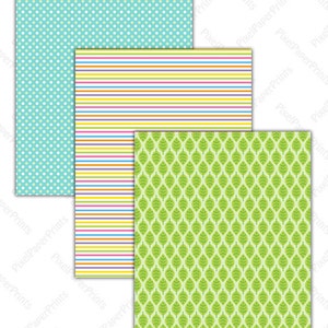 May include: Three digital paper designs. The first is a light blue background with white polka dots. The second is a white background with colorful horizontal stripes. The third is a light green background with a repeating pattern of green leaves.