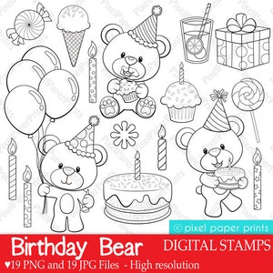Birthday Bear - Digital Stamps - Clipart