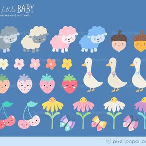 Puede incluir: Un conjunto de 18 im&aacute;genes de clipart digital que presentan adorables animales beb&eacute;s, flores y frutas. Las im&aacute;genes incluyen un cordero gris, un cordero rosa, un cordero azul, una fresa, una cereza, una margarita, un ganso y una bellota.