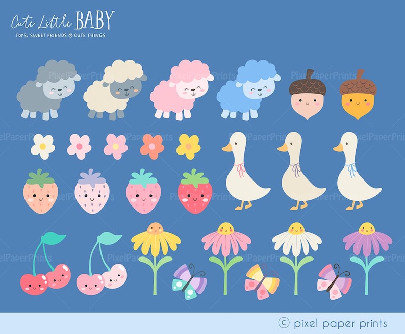 Puede incluir: Un conjunto de 18 im&aacute;genes de clipart digital que presentan adorables animales beb&eacute;s, flores y frutas. Las im&aacute;genes incluyen un cordero gris, un cordero rosa, un cordero azul, una fresa, una cereza, una margarita, un ganso y una bellota.