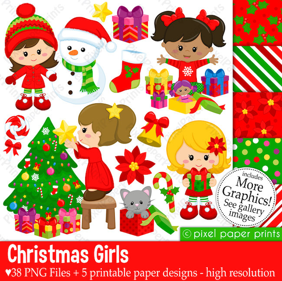 Christmas Girls - Christmas clipart - Clip Art and Digital paper set Il_570xn