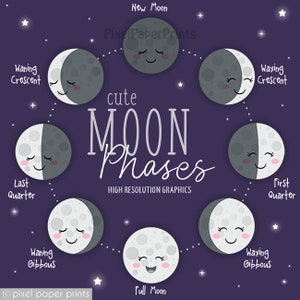 Cute Moon Phases Digital Download Moon Clip Art Moon cycle clipart Digital stickers Instant download image 1