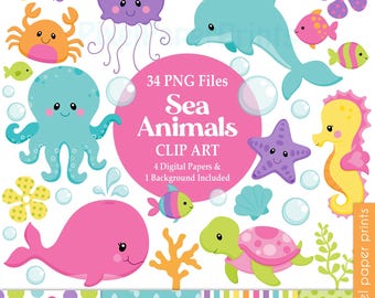 Sea Animals Clipart PNG, Cute Ocean Animal Graphics and Printable Patterns for Crafts and Kids Activities