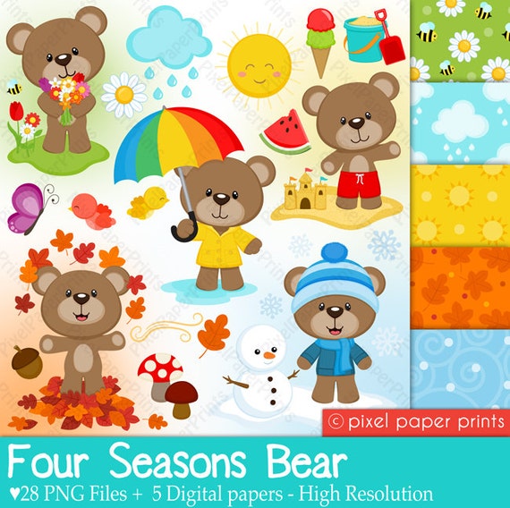 4 Seasons Bear - Clip art and digital paper set - Cute Bear - Seasons clipart - Digital download - Printable Stickers Il_570xn