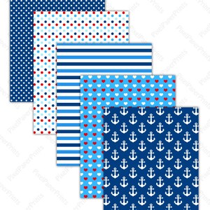 Puede incluir: Conjunto de cinco papeles digitales impresos con patrones de tem&aacute;tica n&aacute;utica. Los patrones incluyen lunares blancos sobre un fondo azul marino, lunares rojos y azules sobre un fondo blanco, rayas azules y blancas, corazones rojos sobre un fondo azul claro y anclas blancas sobre un fondo azul marino.  "pixel paper prints" est&aacute; impreso en la esquina superior derecha de la imagen.